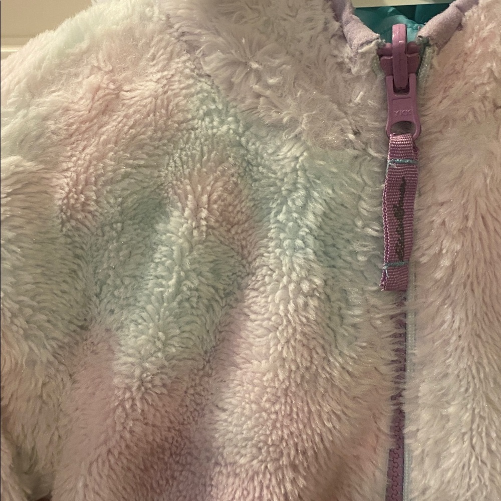 EDDIE BAUER Girls Youth XS 5-6 Reversible Plush Hoodie Zip Jacket Aqua Multi - Picture 7 of 8